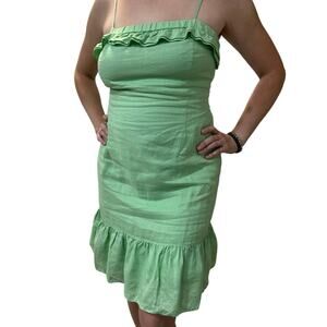 INC International Y2K 90s Women's Green Ruffle Linen Spaghetti Strap Midi Dress